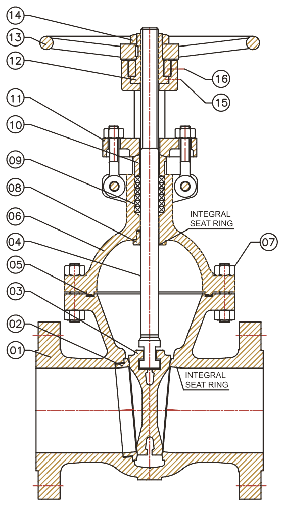 Bolted Bonnet Gate Valve section with numbered callouts