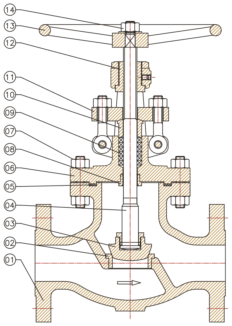 Bolted Bonnet Globe Valve section with numbered callouts